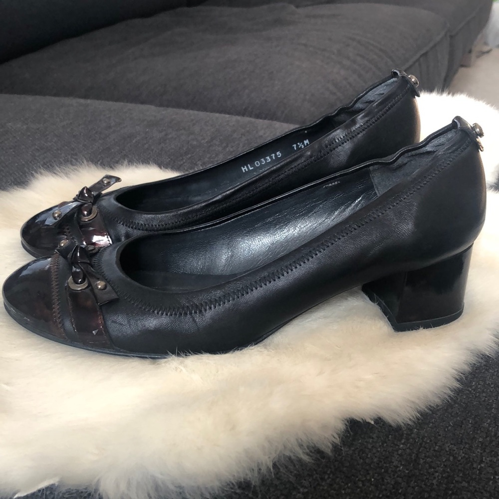 Stuart Weitzman Leather Patent Block Heel Pumps